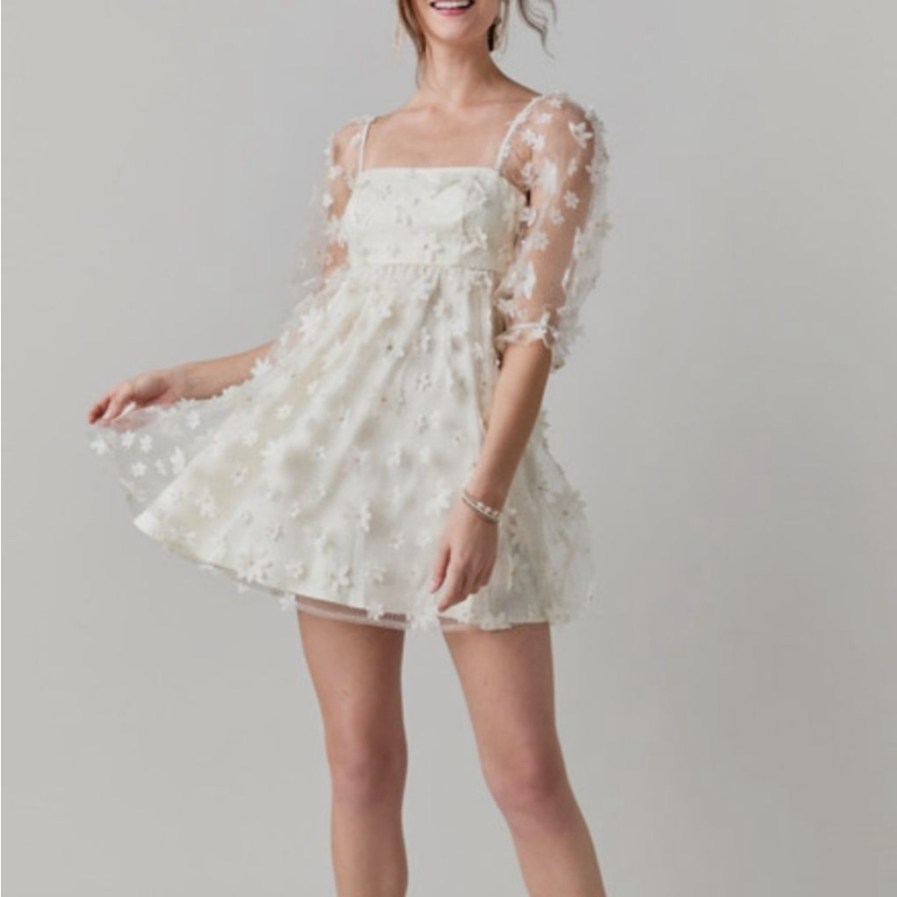 Women's fairycore Ivory Floral Mesh Mini Dress M babydoll puff sleeves